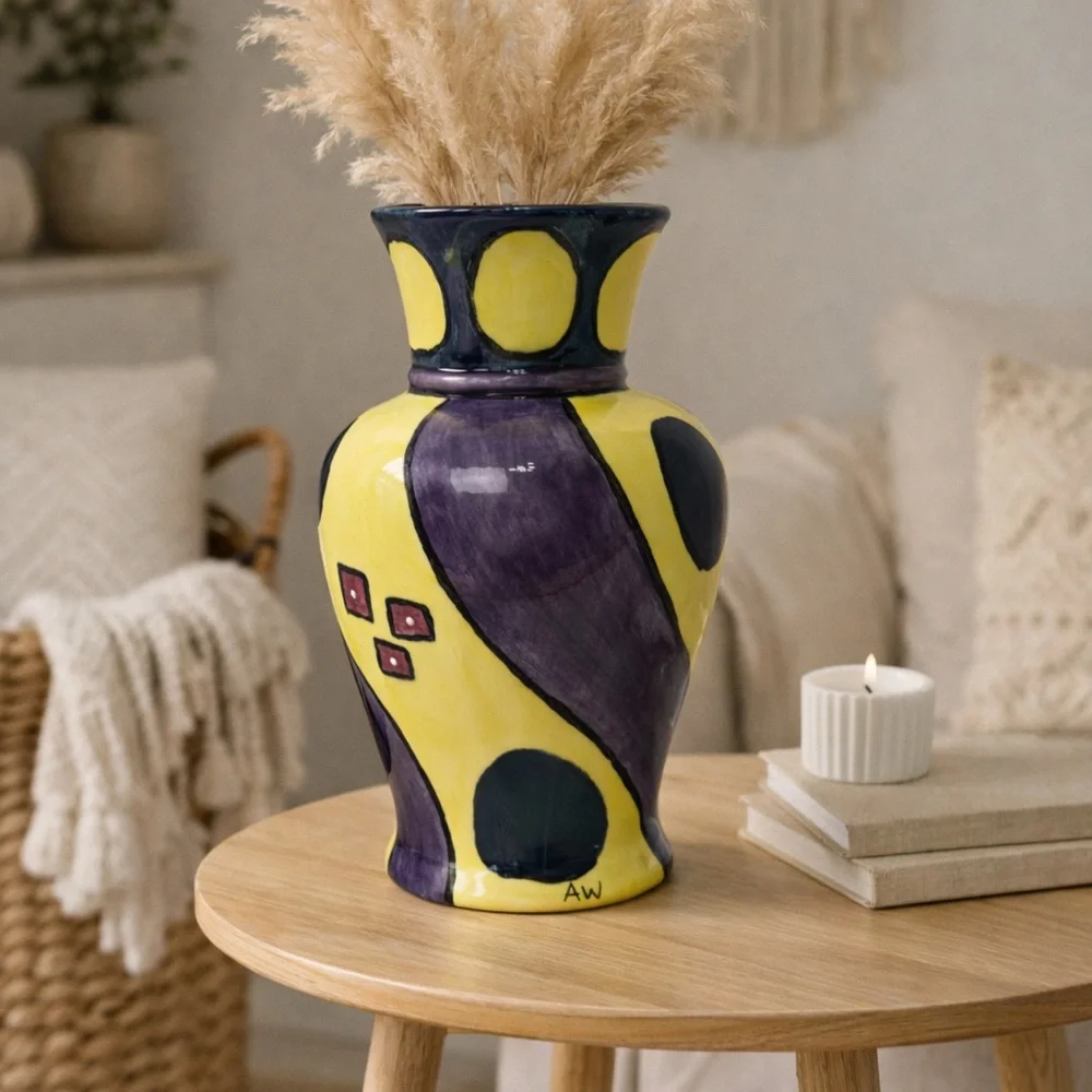 HANDMADE ART POTTERY CERAMIC VASE ABSTRACT‎ COLORFUL SIGNED 